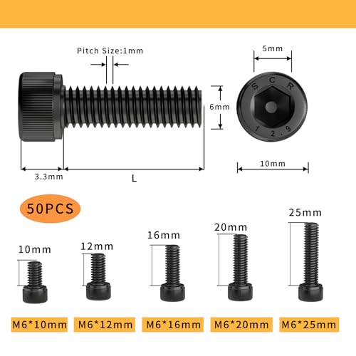 M6 x 10mm 12mm 16mm 20mm 25mm Hex Socket Head Cap Screws Bolts, 12.9 Grade Alloy Steel, Black Oxide Finish, Fully Threaded, Metric Allen Hex Drive, Assortment Kit 50Pcs - size: Hex Socket Head M6x10, 12, 16, 20, 25mm(50pcs)