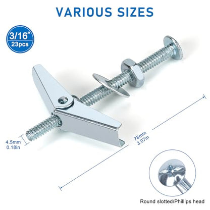 92pcs 3/16 Inch Heavy Duty Drywall Anchors, 23 Sets | Toggle Bolts and Wing Nuts Set for Hanging Lamps Heavy Items, Butterfly Anchors for Ceiling, Sheetrock, Hollow Wall - size: 3/16"-92pcs(23sets)