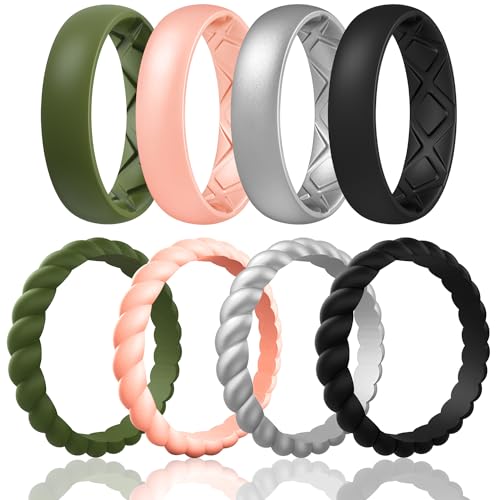 Egnaro Women's Stackable Silicone Rings, 2.5/5.5mm Wide 1.8/2mm Thick Bands | Comfort-Fit Rubber Bands Offer Breathable Flexibility for Nurses, Workouts, Pregnancy, Yoga, Travel, Office, and All-Day Wear - color: SETE2-Olive Green, Light Rose Gold, Metall