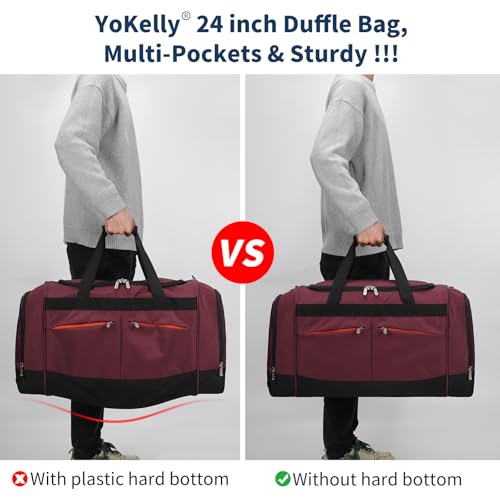 24 inch Large Gym Bag for Men - 65L Hard Bottom Duffle Bag with Shoes Compartment for Sport/Travel - Wine Red - color: Wine Red