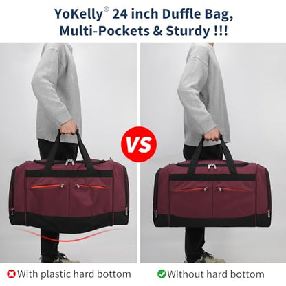 24 inch Large Gym Bag for Men - 65L Hard Bottom Duffle Bag with Shoes Compartment for Sport/Travel - Wine Red - color: Wine Red