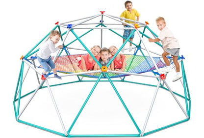 Hapfan Climbing Dome with Climbing Cargo Net, 10 ft Dome Jungle Gym with Hammock for Kids Outdoor Playset Monkey Bars Backyard - color: White and Green