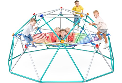 Hapfan Climbing Dome with Climbing Cargo Net, 10 ft Dome Jungle Gym with Hammock for Kids Outdoor Playset Monkey Bars Backyard - color: White and Green