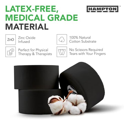 Hampton Adams Athletic Tape 8 Pack, Sports Medical Grade, Easy Tear | 45 ft Rolls, No Sticky Residue, Tears by Hand, for Athletes Trainers & First Aid, Ankle Wrist & Injury Wrapping - color: black