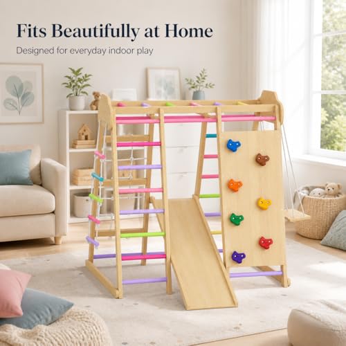 Indoor Playground Jungle Gym Playset, Wooden Pikler Montessori Climber with Slide, Swing, Rope Ladder, Monkey Bars, Climbing Net & Rock Wall, 9-in-1 Toddler Climbing Toy for Kids Indoor Playroom