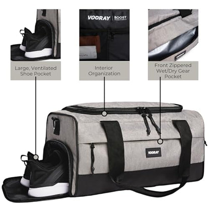 Vooray Boost Duffle Bag - 23L Small Gym Bag for Men and Women with Shoe Compartment, Key Clip, Water Bottle Pocket, Lightweight Travel Duffel for Sports, Training, Overnight Use (Herringbone) | Compact Duffle Bag for Sports, Travel, Shoe Compartment, Wate