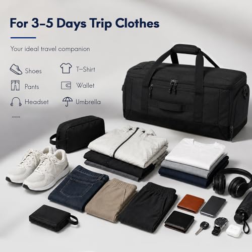 Haimont 60L Foldable Travel Duffel Backpack, Black | Shoe Compartment, Stowable Straps, U-Shaped Opening, Water-Resistant Build - color: Black