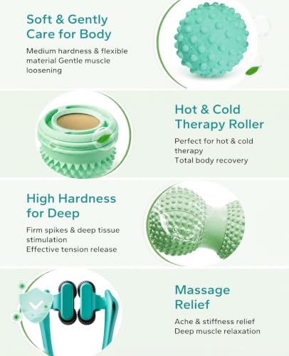 HAPBEAR Massage Ball Set (4 Piece) – Foot Roller, Peanut Ball, Spiky Release Balls, Finger Massager – Deep Tissue & Myofascial Release Kit for Muscle Soreness & Tension – Hot & Cold, with Storage Bag
