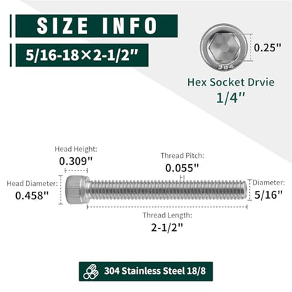 5/16-18 x 2-1/2" Socket Head Cap Screws, 304 Stainless Steel (18-8), Full Thread, Machine Screws for DIY, Machinery, Electronics, 10-Pack - size: 5/16-18 x 2-1/2"