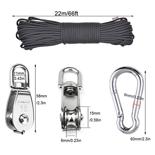 TooTaci 15mm Crane Pulley Block Swivel Hook Single Pulley Block Hanging Wire Towing Wheel 304 Stainless Steel - 20 Meter Nylon Pulley Line Rope & Carabiner Snap Hook Clips - 2Pcs - size: 4MMrope*M15*2