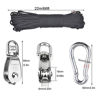 TooTaci 15mm Crane Pulley Block Swivel Hook Single Pulley Block Hanging Wire Towing Wheel 304 Stainless Steel - 20 Meter Nylon Pulley Line Rope & Carabiner Snap Hook Clips - 2Pcs - size: 4MMrope*M15*2