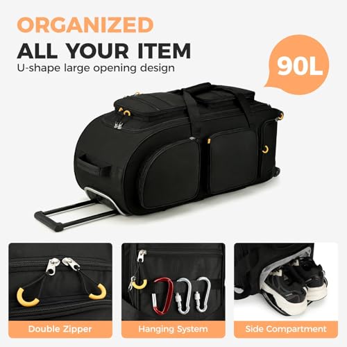 Searock 90L Rolling Duffle Bag with Wheels and Handle, 31” Large Duffle Bag for Travel, Carry On Luggage Duffel Bag with Shoe Compartment, Multi-Pocket, Water Resistant, Black - color: Black