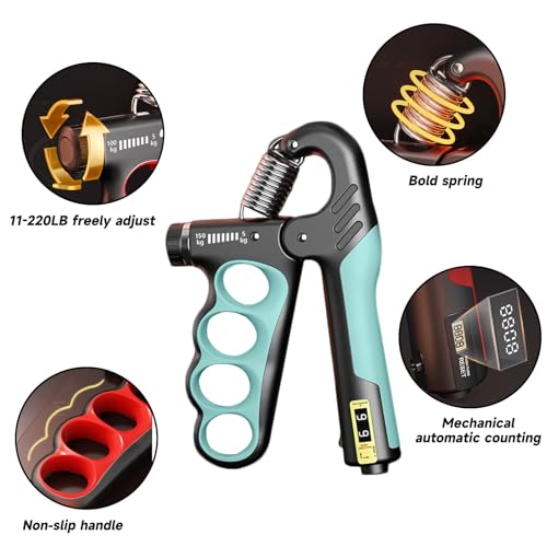 2PCS Adjustable Hand Grip Strengthener (11-220LB) - Automatic Counter Hand Wrist Forearm Exerciser, Grip Strength Trainer for Athletes, Musicians, Injury Recovery & Physical Therapy (Red)