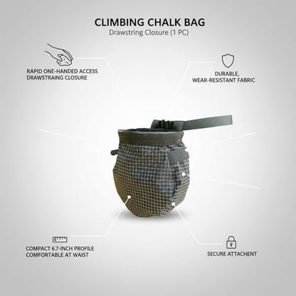 Climbing Chalk Bag with Drawstring Closure - Lightweight Waist Pouch for Rock Climbing, Bouldering & Gym Training (6.7 Inch Opening) - color: Black