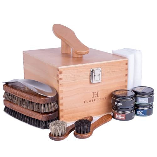 FootFitter Beech Wood Valet Box, Premium Shoe Shine Storage Organizer | Durable Beech Wood Construction with Storage Space for Shoe Care Tools & Attachable Shoe Rest for Cleaning & Polishing - color: Dark Creams Set