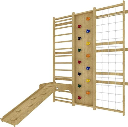 Avenlur Walnut 9-in-1 Swedish Ladder Wall Gym Kids, Indoor Climbing Wall | 2 Heights: 78.8" or 94.5" Montessori Indoor Playground & Jungle Gym, Rock Climbing Wall for Kids, Rope Ladder, Slide, Swing - size: 79" Height