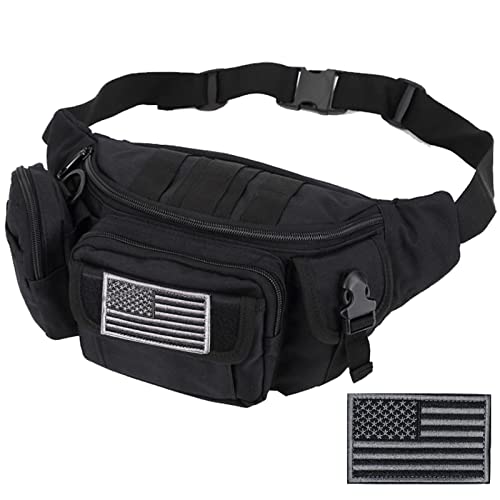 Tactical Fanny Packs, Military Waist Bag Utility Hip Belt Bags for Hiking Climbing Fishing Cycling Hunting with U.S Patch (Black) - color: 1 Pack Black