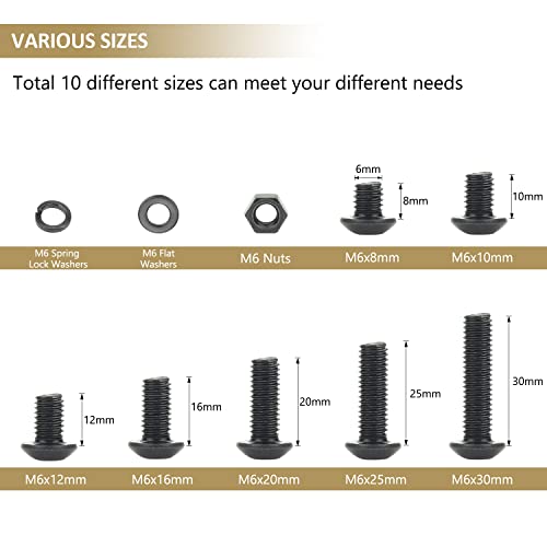148 Pieces Black M6 x 8/10 /12/16 /20/25 /30mm Button Head Socket Cap Screws Nuts Washers Assortment Kit, 10.9 Grade Alloy Steel - size: M6, style: Button Head