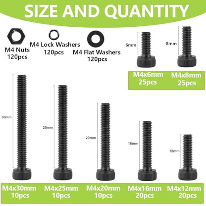 480Pcs M4 Screws,M4x6/8/12/16/20/25/30 mm Screw kit,Hex Socket Head Cap Bolts,12.9 Grade Black Zinc Plated for 3D Printer - size: M4x6/8/12/16/20/25/30mm