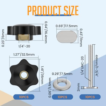 10 Sets 1/4"-20 T-Slot Fastener Kit, 1-3/4 Inch T Track Bolts with Star Knob Nuts | Heavy Duty Accessories | for Woodworking Fixture Installation - size: 1-3/4 Inch