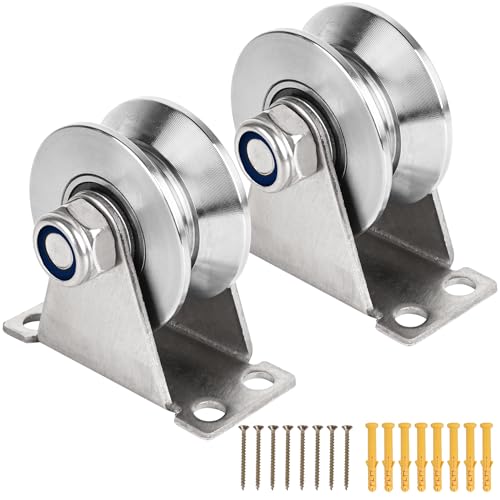 Groove Pulley Wheel for Rope Wall Mounted 2 Pack Stainless Steel Super Silent Cable Pullys Wheels System V Type Blocks Rollers Detachable Duplex Bearing for Gym Equipment Sliding Gate (with Screws) - size: V Type - 2 Pack(with screws)