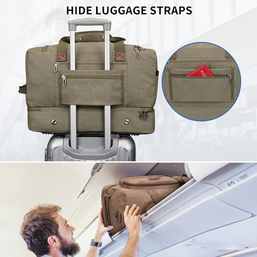 WITZMAN Duffle Bag for Men 50L Travel Canvas Weekender with Toiletry Bag | With Shoe Compartment and Dry-wet Pocket, Convertible, Carry On, One Duffel for Gym, Sports, Overnight, A8010/2 Army Green - color: Army Green