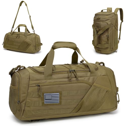 3-in-1 Tactical Duffle Bag Backpack for Men & Women Gym Bags 45L Military Sports Duffel Bag with Shoe Compartment & Wet Pocket Mens Weekender Overnight Bag for Traveling Workout, Brown - color: Brown