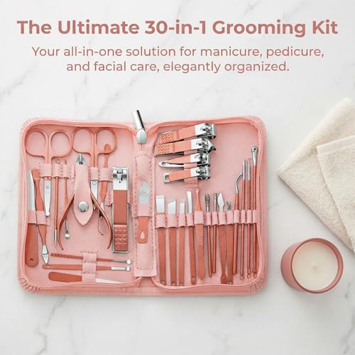 30pcs Professional Stainless Steel Manicure & Pedicure Kit Suitable for - Complete Nail Care with Nail Clippers, Cuticle Trimmer, Ear Spoon & Files, Portable Storage Case - Ideal for, Travel(Pink)