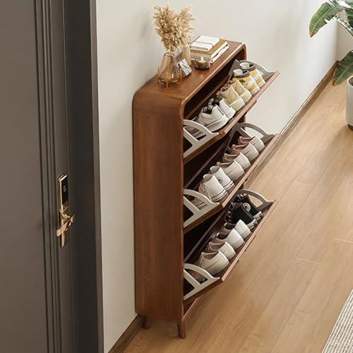 Narrow Shoe Cabinet, Wood Shoe Cabinet Storage for Entryway, Slim Hallway Hidden Shoe Rack Cabinet with Anti-tip for Bedroom, Living Room, Foyer(Wood Color+White,Small) Wood Color Small - color: Wood Color, size: Small