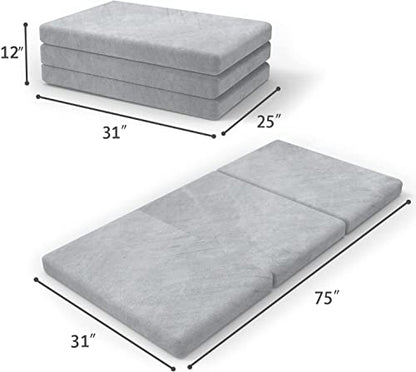 SINWEEK Tri Folding Topper with Storage Bag 3.8" Foldable Topper Foam Topper Floor Cot Topper, Guset Mat with Machine Washable Cover and Waterproof Lining, CertiPUR-US Certified 31 x 75 Inch - size: C (31 x 75 Inch), style: High Support Foam