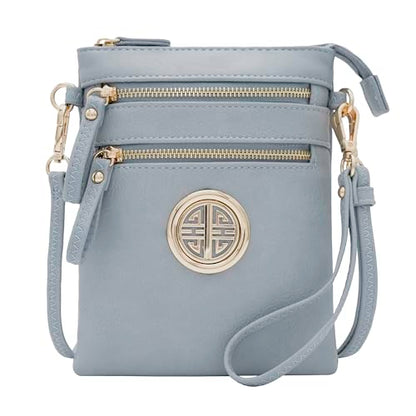 Solene Small Multi Zipper Pockets Crossbody Bag with Detachable Wristlet - color: Blue Grey