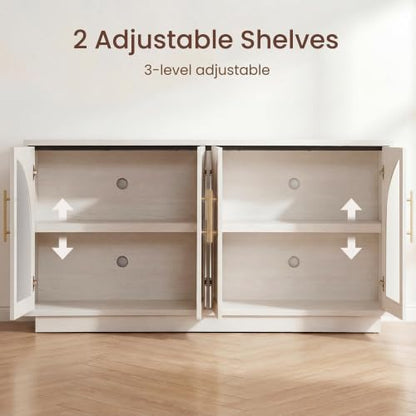 Fatmok 59" Buffet Cabinet with Glass Doors, Modern Arched Sideboard with Large Storage and Adjustable Shelves, Accent Console Credenza for Dining Room, Living Room, Entryway, White Wood Grain - color: B-white Wood Grain