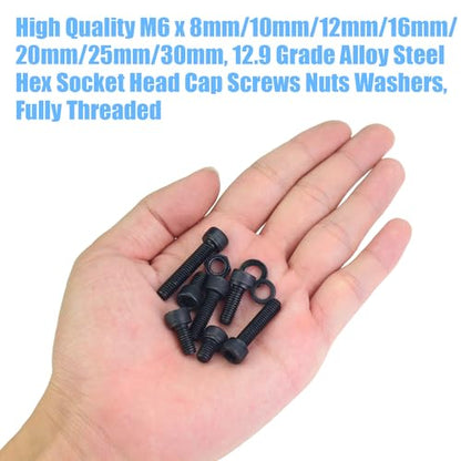DYWISHKEY 127 Pieces M6 Black Screws, 12.9 Grade Alloy Steel M6x 8/10 /12/16 /20/25 /30mm Hex Socket Head Cap Screws Bolts Nuts Washers Assortment Kit - size: M6, style: Socket Head