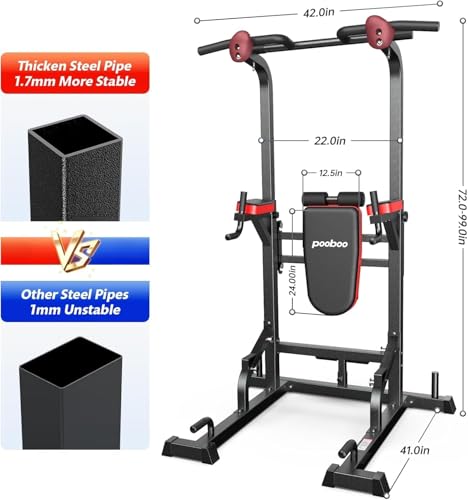 Pooboo Power Tower Dip Station Pull Up Bar for Fitness Home Gym Workout,450 Pounds Multi-Function Adjustable Height Fitness Strength Training Exercise Equipment,with Power Elastic Ropes - color: Black-05