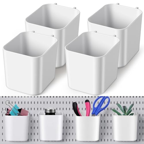 4Pcs Pegboard Cups with Hooks, 2.9 x 3.5 x 3.2 Inch Skadis Pegboard Accessories Pegboard Bins Accessories Top Storage Containers Peg Board Organizer Cups for Garage Wall Kitchen Office Workbench Home