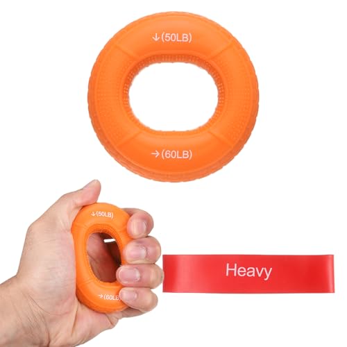 Silicone Ring Grip Strength Trainer with Finger Extension Band, Hand Grip Strengthener Forearm Trainer Kit - color: Orange, size: 50-60LB