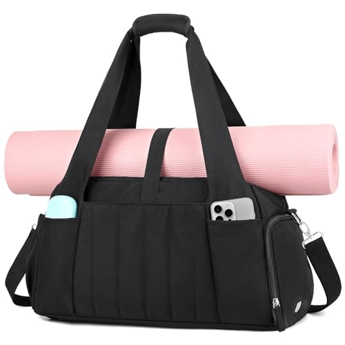Marvolia Gym Bag for Women with Yoga Mat Holder, Sports Duffle Bag for Travel with Shoes Compartment, Tote Bag with Wet Pocket for Yoga Workout, Dance - color: Black