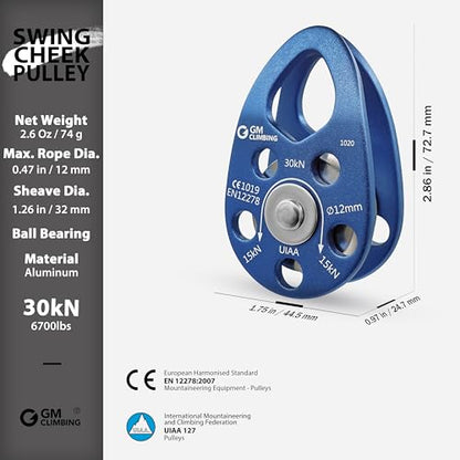 GM CLIMBING Swing Cheek Micro Pulley 30kN CE UIAA Certified - color: Ball Bearing | Blue-One Unit