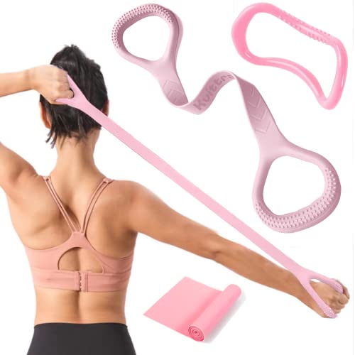 Figure 8 Resistance Band, Arm Back Shoulder Exercise Elastic Rope Stretch Fitness Band, Foot, Leg, Hand Stretcher, Arm Exerciser for Yoga Pilates Stretching Physical Therapy, Home Gym Workout - color: Pink with ring