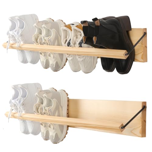 Mifoci 2 Pcs Wall Mounted Shoe Rack Organizer Wooden Modern Compact Wall Space Saving Shoe Holder Storage for Sneaker Footwear Slipper Boots Entryway Narrow Spaces Hallway(39.37'' Long) - size: 39.37'' Long