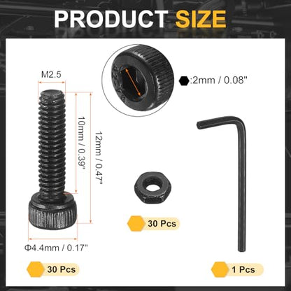 uxcell 30Pcs Hex Socket Head Cap Screws Bolts with Nuts, M2.5x10mm 304 Stainless Steel Socket Drive Machine Screws Bolts with Hex Wrench, Full Threaded, Black - size: M2.5x10mm