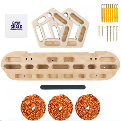 Climbing Hangboard and Finger Hanging Holds - Fingerboard for Strength Training - Rock Climbing Grip Strengthening Holds - Hang Board and Hand Holds with Suspension Chord Ropes and Chalk