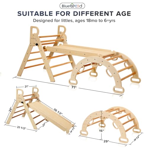 BlueWood Pikler Triangle Set, Foldable Wooden Toddler Climbing Toys Indoor Playground Jungle Gym Montessori Philosophy Climber for 2-6 Years Old, Baby, Kids (Natural Wood, with Cushion) - color: Natural