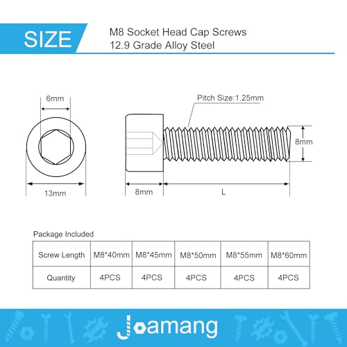 M8 x 40mm 45mm 50mm 55mm 60mm Hex Socket Head Cap Screws Bolts, 12.9 Grade Alloy Steel, Black Oxide Finish, Metric Allen Drive, Fully Threaded, Assortment Kit 20Pcs - size: Socket M8x40-60 mm