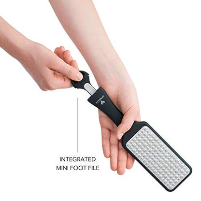 Foot File. Best Premium Pedicure Foot Rasp and Callus Remover. 3-in-1 Tool. Removes Hard Skin. No Risk of Injury. Stainless Steel. Ergonomic Handle. Washable. Works on Both Wet and Dry Feet.