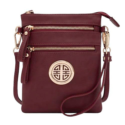 Solene Small Multi Zipper Pockets Crossbody Bag with Detachable Wristlet - color: Burgundy