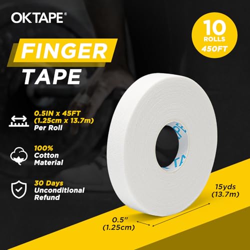 OK TAPE Athletic Finger Tape (10Rolls 450FT), 0.5in Finge Wrap Tape, Extra Strong Adhesive Finger Support and Protect Tape, Hand Grip Tape for Rock Climbing, MMA, Jiu Jitsu, Volleyball, White - color: White