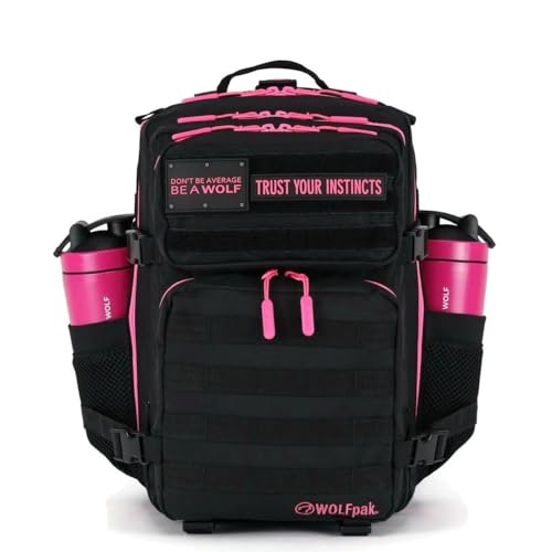 WOLFpak 35L Athletic Gym Backpack - Durable 1000D Waterproof Oxford Material with MOLLE Webbing, Laptop Pocket - color: Black Neon Pink