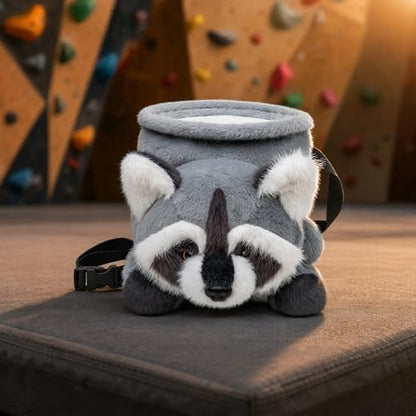 Funny Rock Climbing Chalk Bag, Soft Knitted Climbing Chalk Pouch with Drawstring Adjustable Belt, Fit Bouldering, Gymnastics & Outdoor Activities for Climbers - style: Raccoon