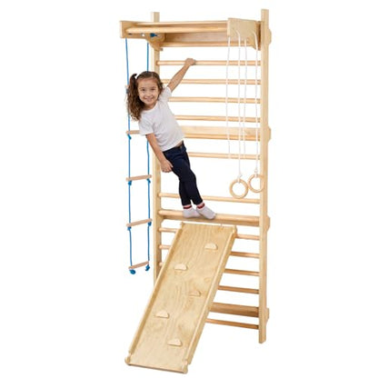 VEVOR Swedish Wall Gym, 15-Level 5 in 1 Wooden Indoor Jungle Gym, 220 lbs Load Capacity Playground Climbing Toys with Pull-Up Bar, Gymnastic Rings, Wall Ladder, Rope Ladder, and Slide Board - style: 15-Level 5 in 1